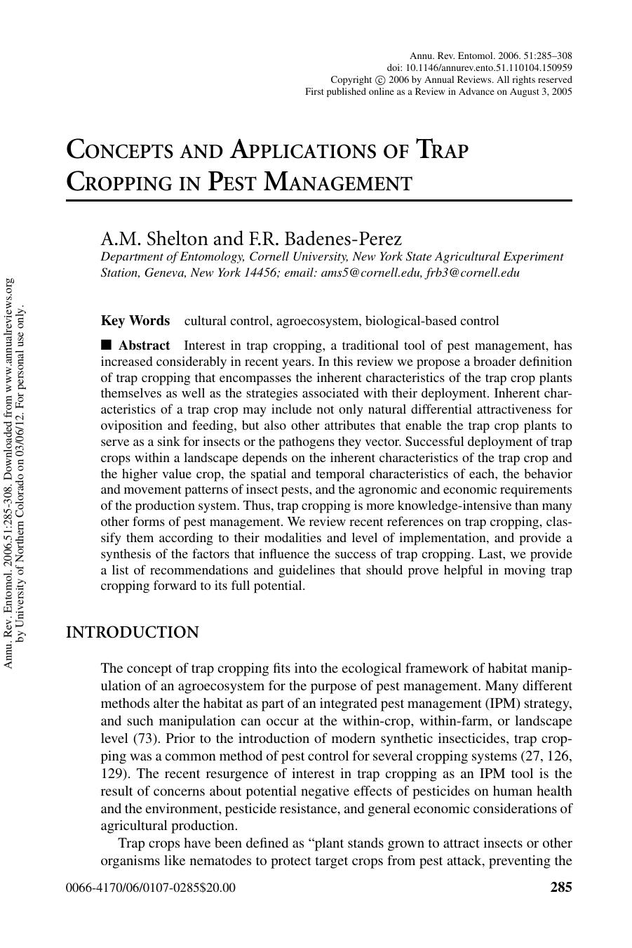 CONCEPTS AND APPLICATIONS OF TRAP CROPPING IN PEST MANAGEMENT by A.M. Shelton & F.R. Badenes-Perez
