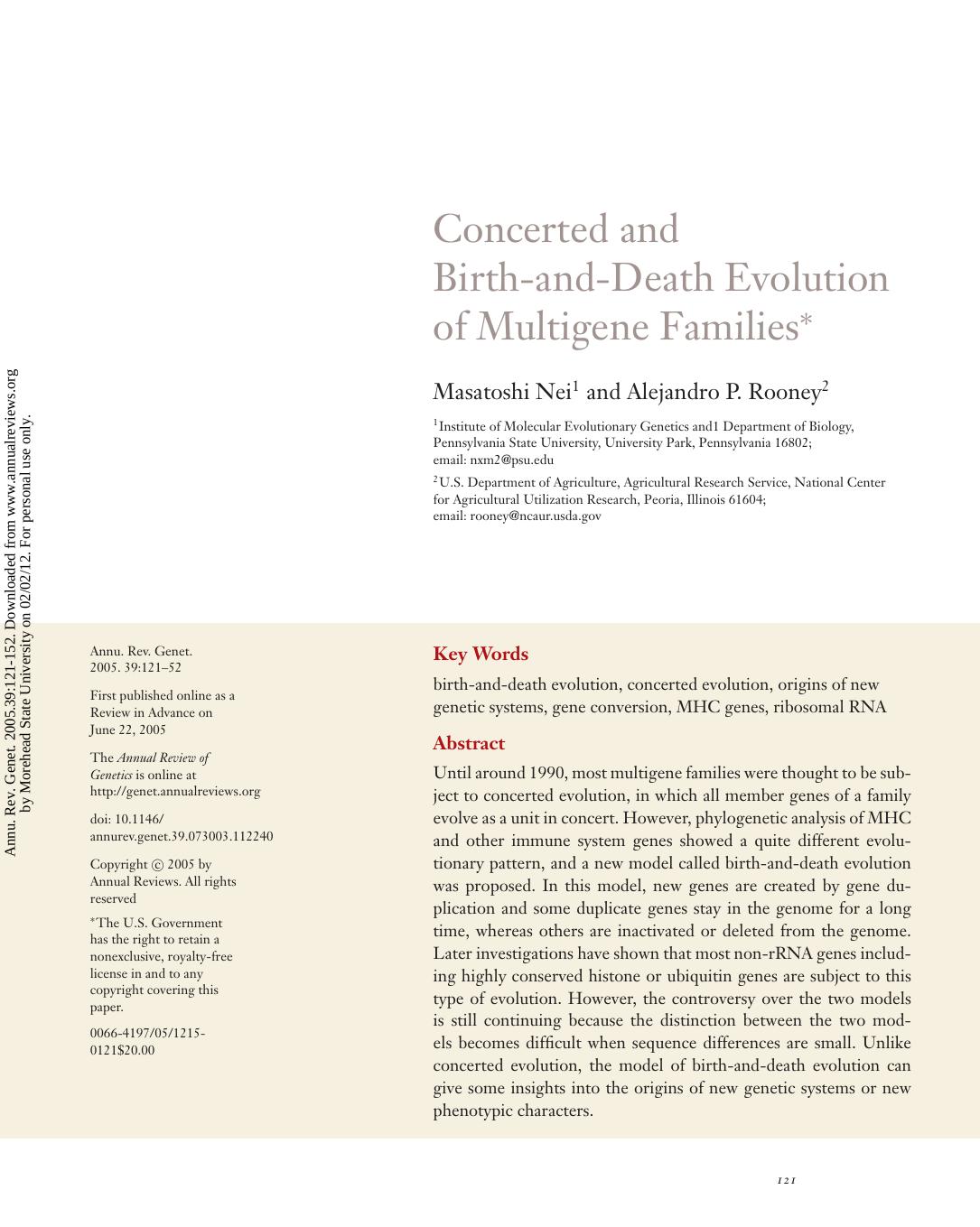 CONCERTED AND BIRTH-AND-DEATH EVOLUTION OF MULTIGENE FAMILIES* by Masatoshi Nei1 & Alejandro P. Rooney2