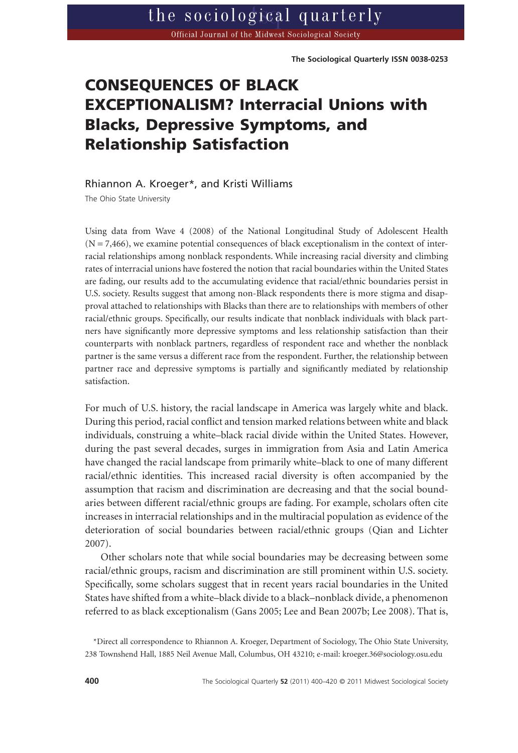 CONSEQUENCES OF BLACK EXCEPTIONALISM? Interracial Unions with Blacks, Depressive Symptoms, and Relationship Satisfaction by unknow