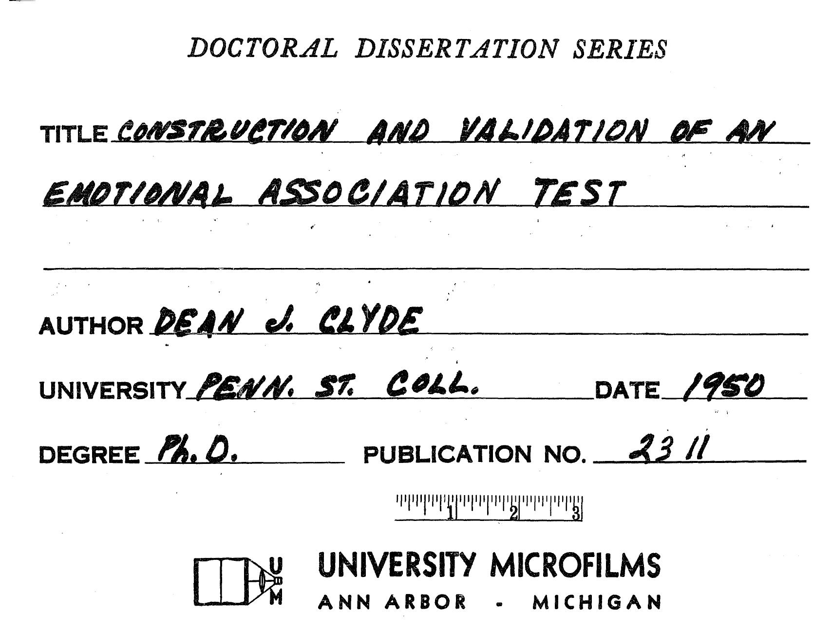 CONSTRUCTION AND VALIDATION OF AN EMOTIONAL ASSOCIATION TEST by CLYDE DEAN J