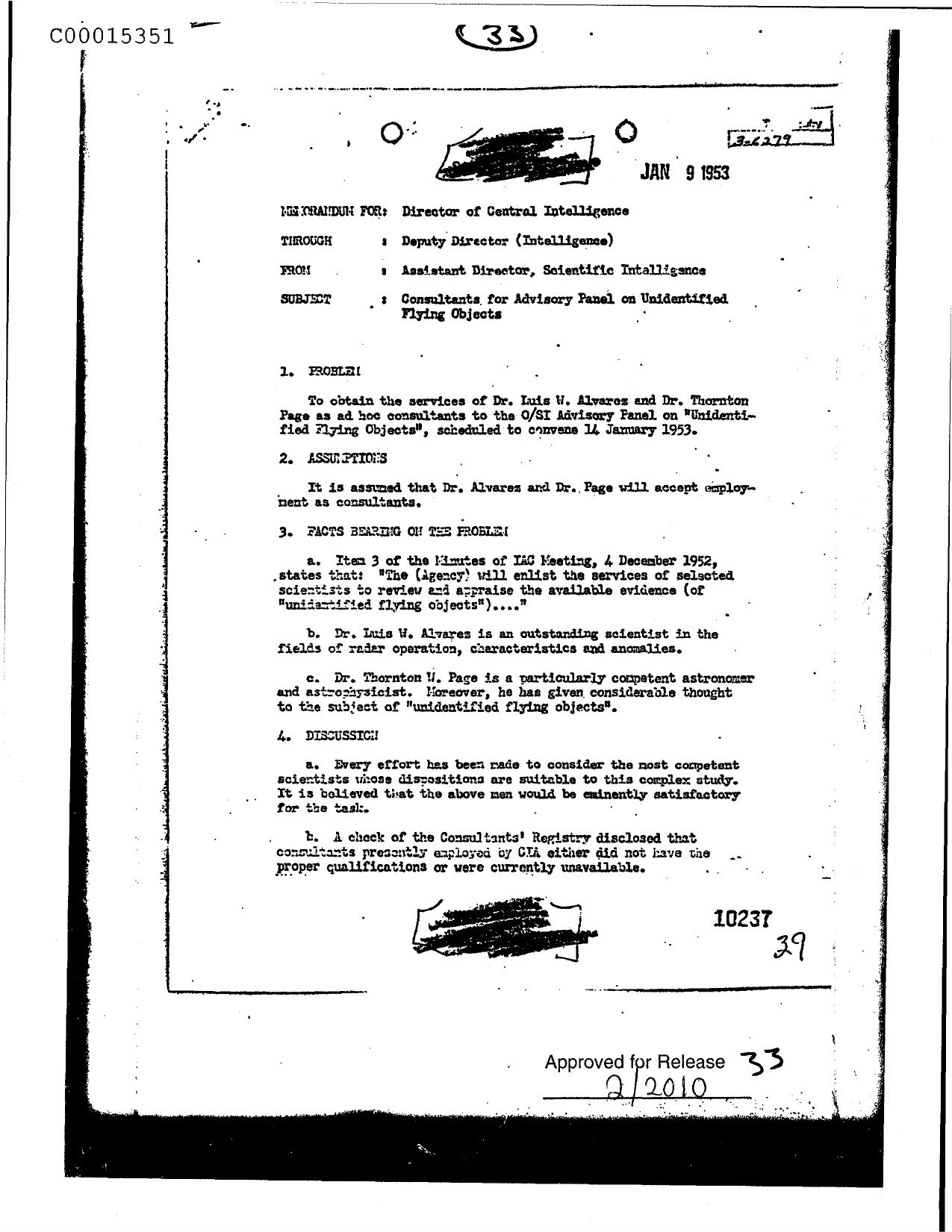CONSULTANTS FOR ADVISORY PANEL ON UNIDENTIFIED FLYING OBJECTS (WITH MEMO ATTACHED DATED 520109) by Unknown