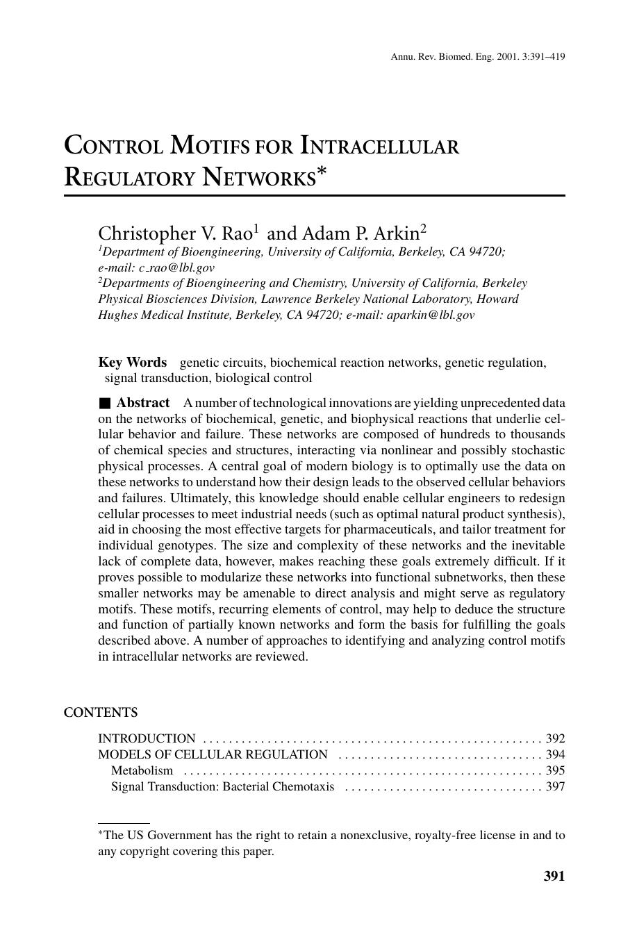 CONTROL MOTIFS FOR INTRACELLULAR REGULATORY NETWORKS1 by Christopher V. Rao1 and Adam P. Arkin2