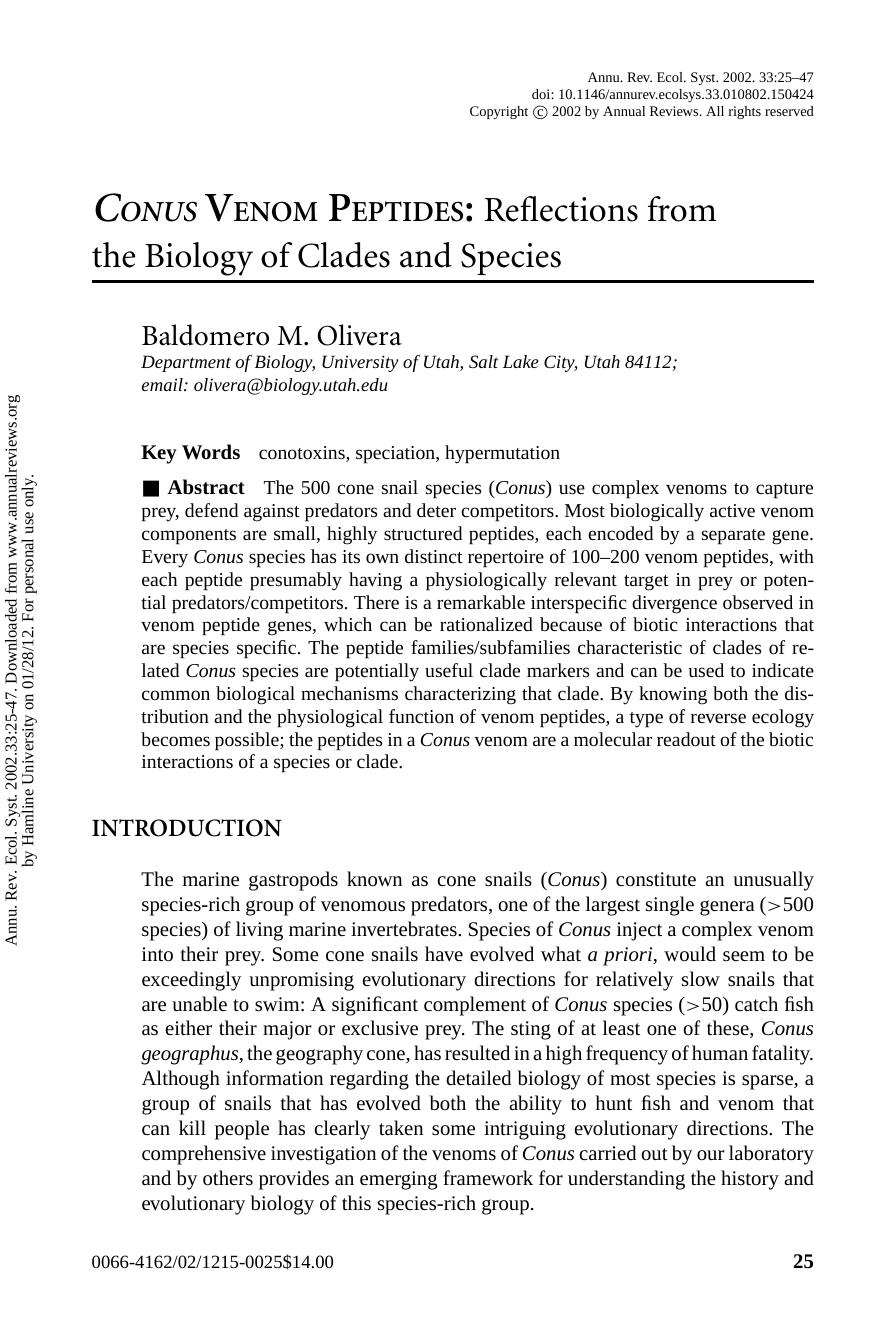 CONUS VENOM PEPTIDES: Reflections from the Biology of Clades and Species by Baldomero M. Olivera