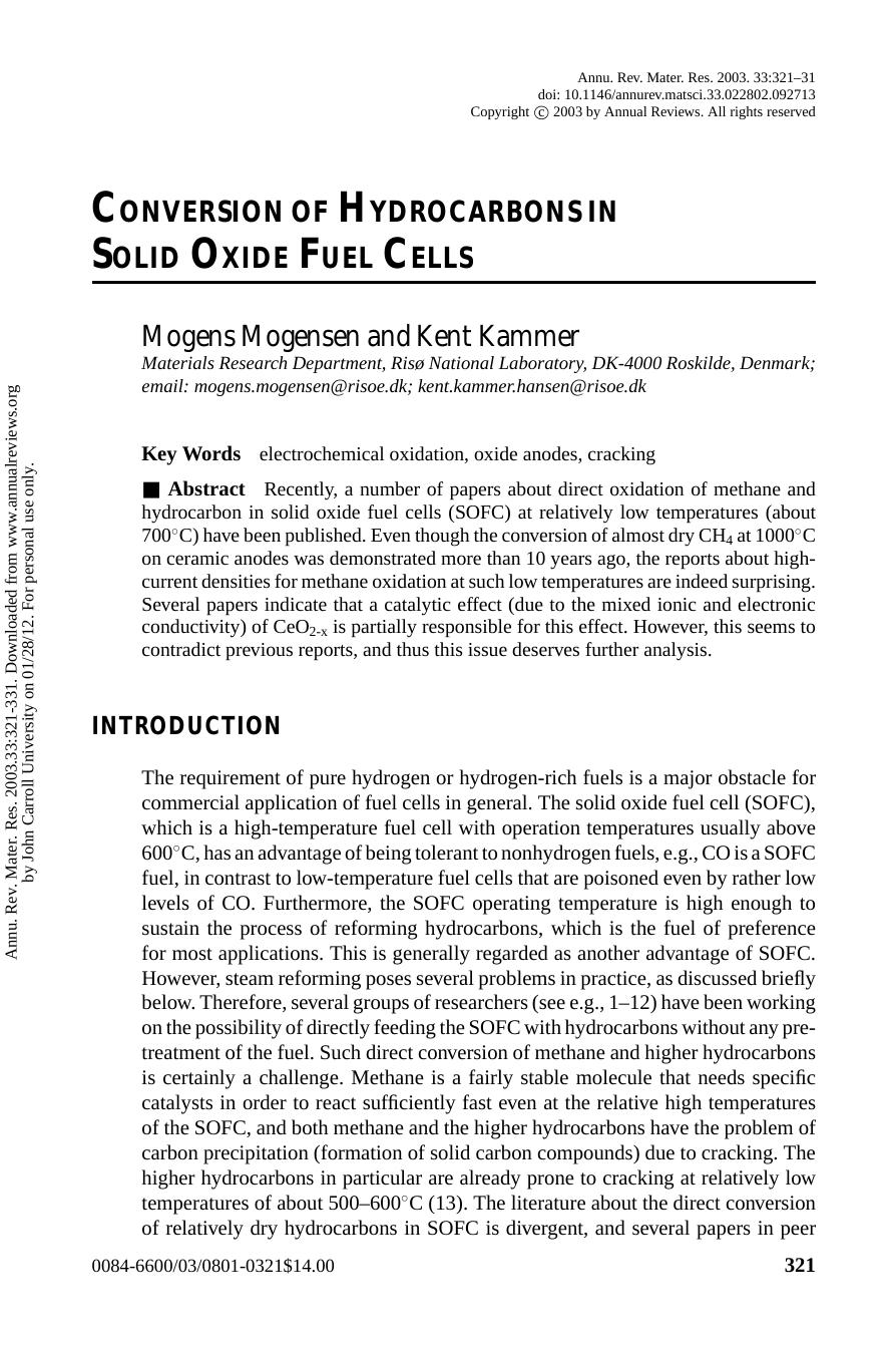 CONVERSION OF HYDROCARBONS IN SOLID OXIDE FUEL CELLS by Mogens Mogensen & Kent Kammer