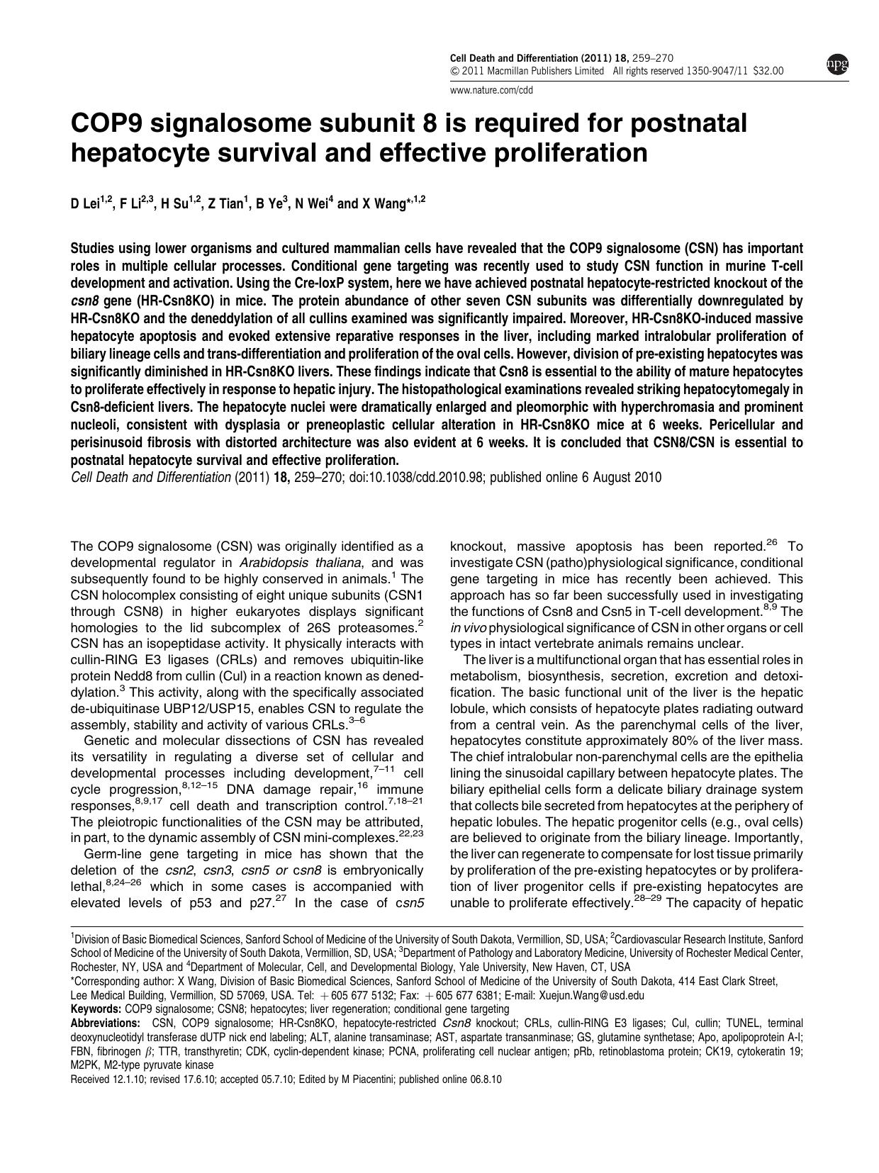 COP9 signalosome subunit 8 is required for postnatal hepatocyte survival and effective proliferation by D Lei & F Li & H Su & Z Tian & B Ye & N Wei & X Wang