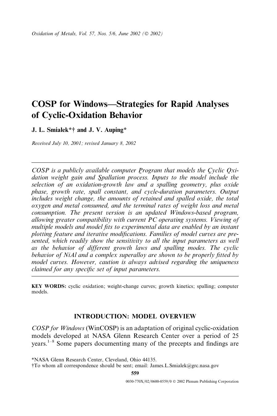 COSP for Windows&#x2014;Strategies for Rapid Analyses of Cyclic-Oxidation Behavior by Unknown