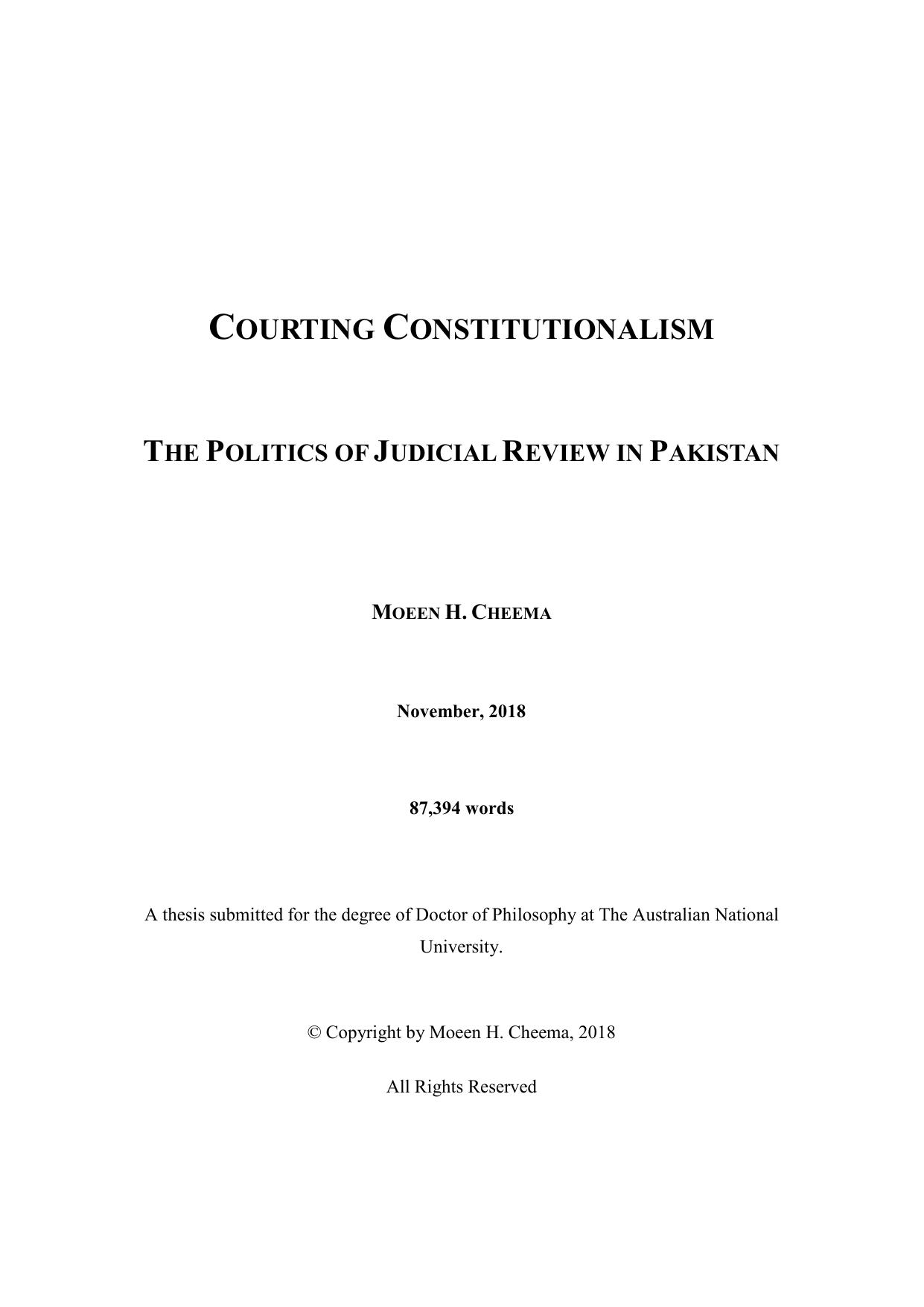 COURTING CONSTITUTIONALISM: THE POLITICS OF JUDICIAL REVIEW IN PAKISTAN by MOEEN H. CHEEMA