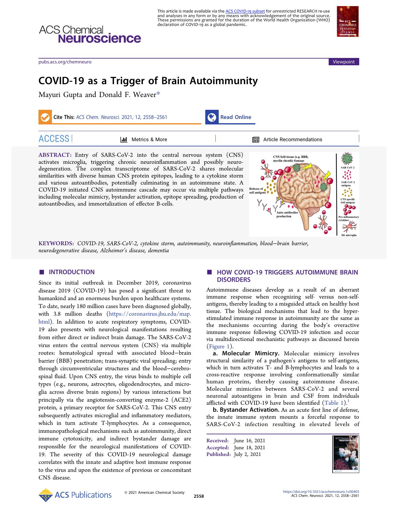 COVID-19 as a Trigger of Brain Autoimmunity by Mayuri Gupta and Donald F. Weaver