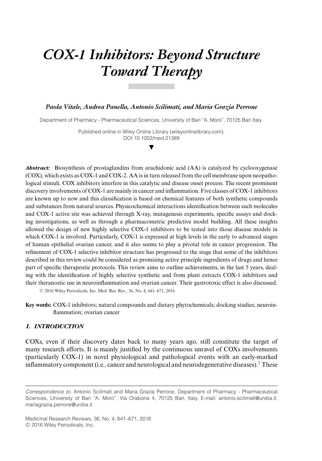 COX&#x02010;1 Inhibitors: Beyond Structure Toward Therapy by Unknown