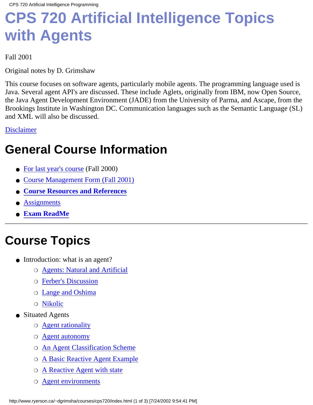 CPS 720 Artificial Intelligence topics with agents by Grimshaw D