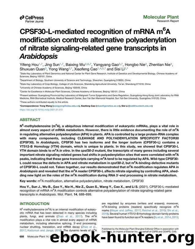 CPSF30-L-mediated recognition of mRNA m6A modification controls alternative polyadenylation of nitrate signaling-related gene transcripts in Arabidopsis by unknow