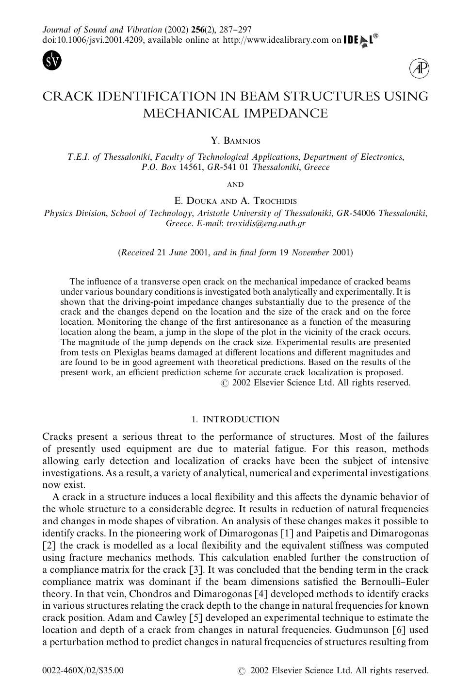 CRACK IDENTIFICATION IN BEAM STRUCTURES USING MECHANICAL IMPEDANCE by BAMNIOS Y. et al