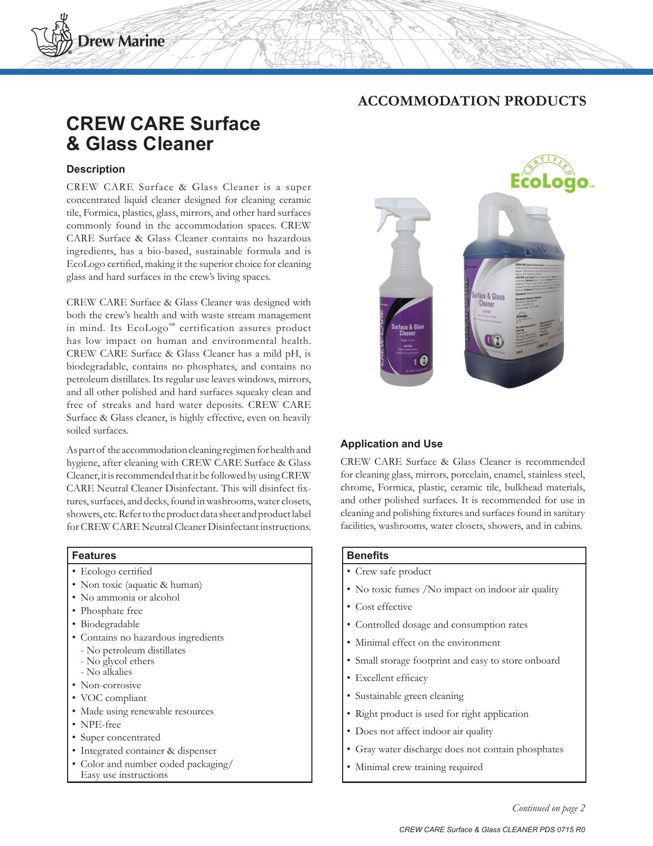 CREW CARE SURFACE AND GLASS CLEANER PDS by Unknown