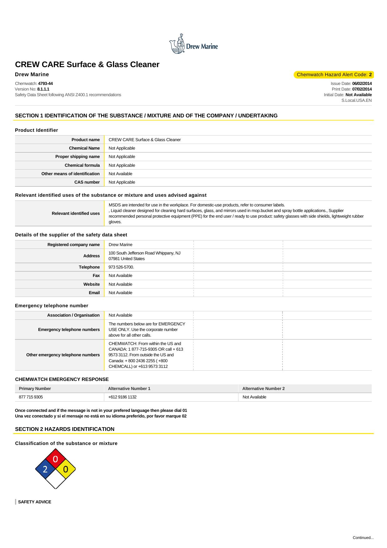 CREW CARE Surface & Glass Cleaner 4793-44 V8.1.1.1 6-Feb-2014 US-English-Local 7-Feb-2014 FFX by Unknown
