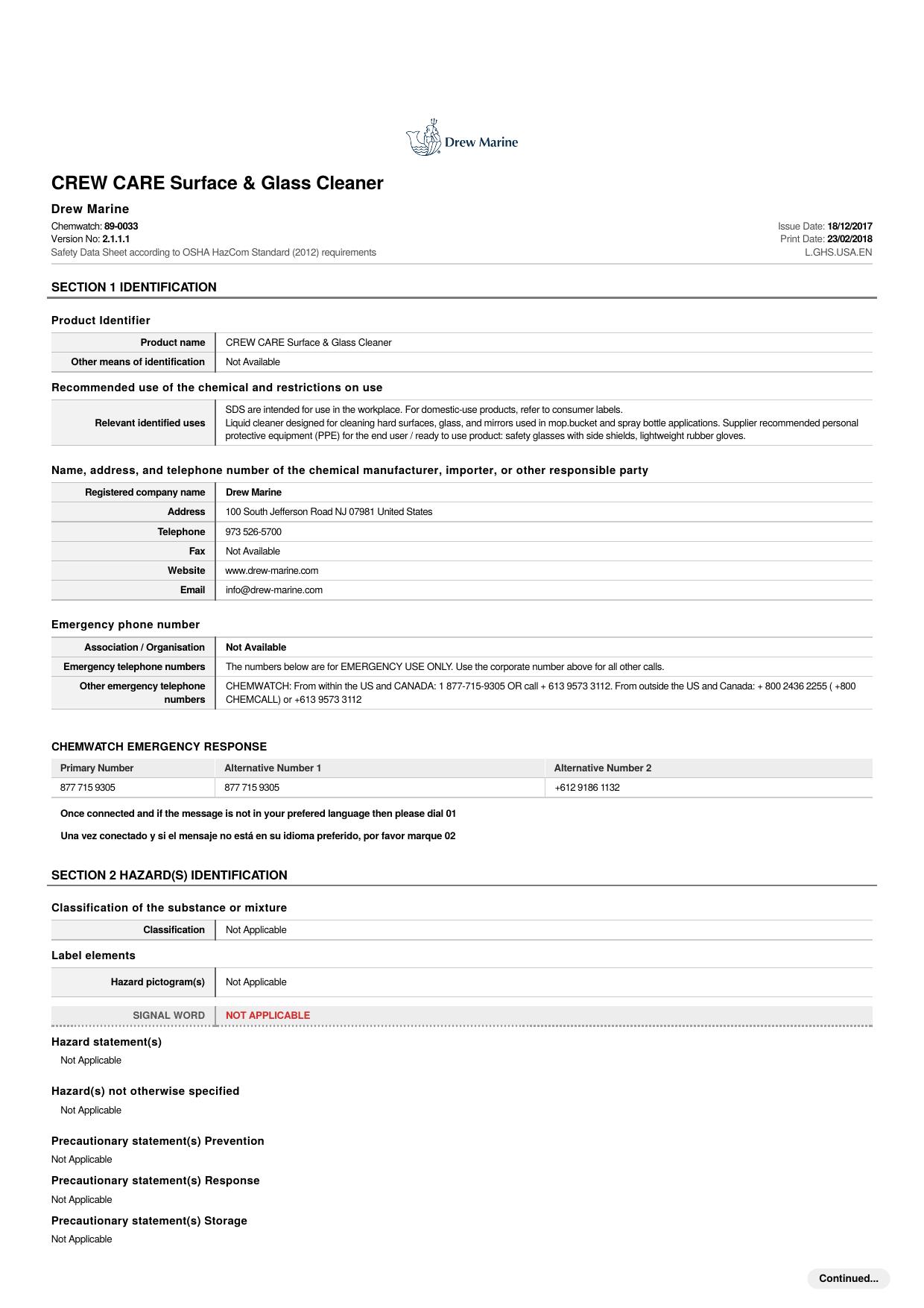 CREW CARE Surface and Glass Cleaner SDS by Unknown