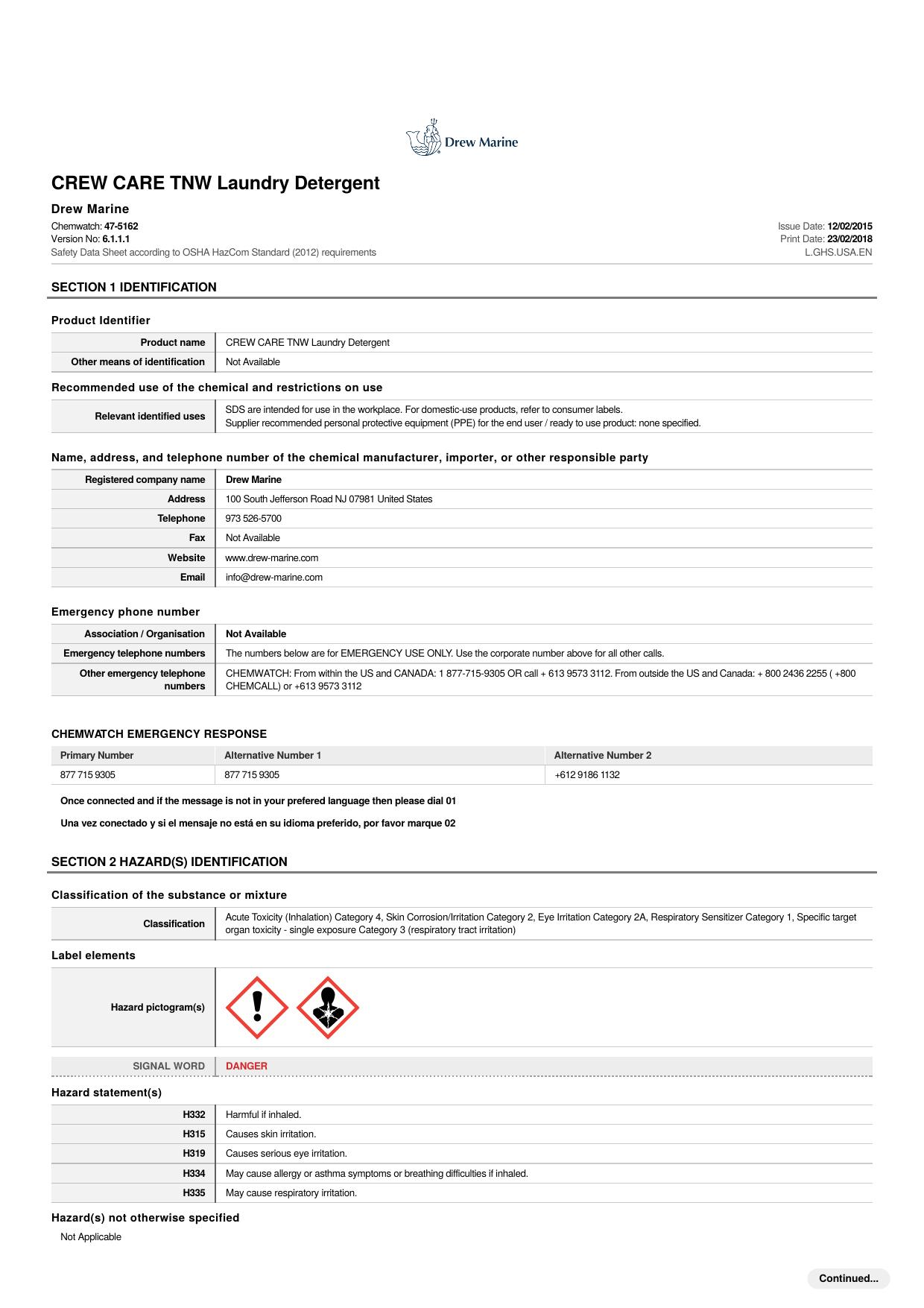 CREW CARE TNW Laundry Detergent SDS by Unknown