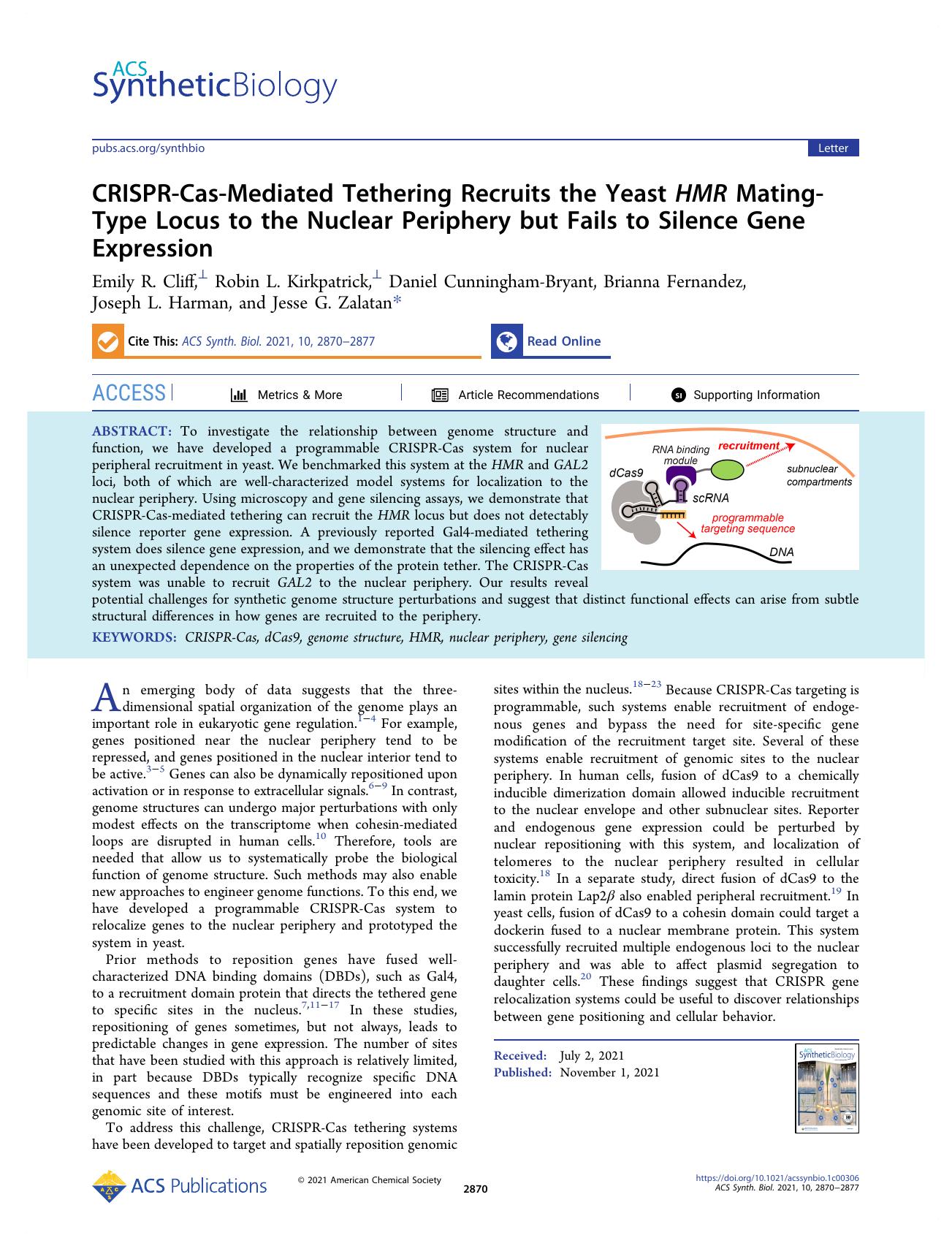 CRISPR-Cas-Mediated Tethering Recruits the Yeast HMR Mating-Type Locus to the Nuclear Periphery but Fails to Silence Gene Expression by unknow