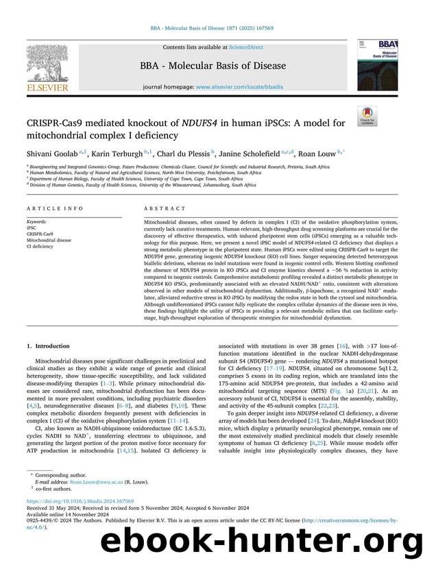 CRISPR-Cas9 mediated knockout of NDUFS4 in human iPSCs: A model for mitochondrial complex I deficiency by Shivani Goolab