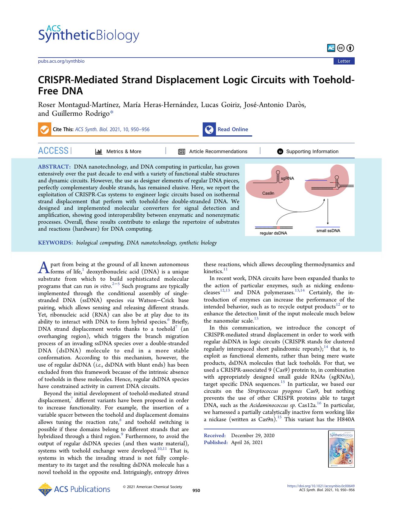 CRISPR-Mediated Strand Displacement Logic Circuits with Toehold-Free DNA by unknow