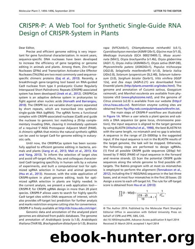 CRISPR-P: A Web Tool for Synthetic Single-Guide RNA Design of CRISPR-System in Plants by Yang Lei & Li Lu & Hai-Yang Liu & Sen Li & Feng Xing & Ling-Ling Chen