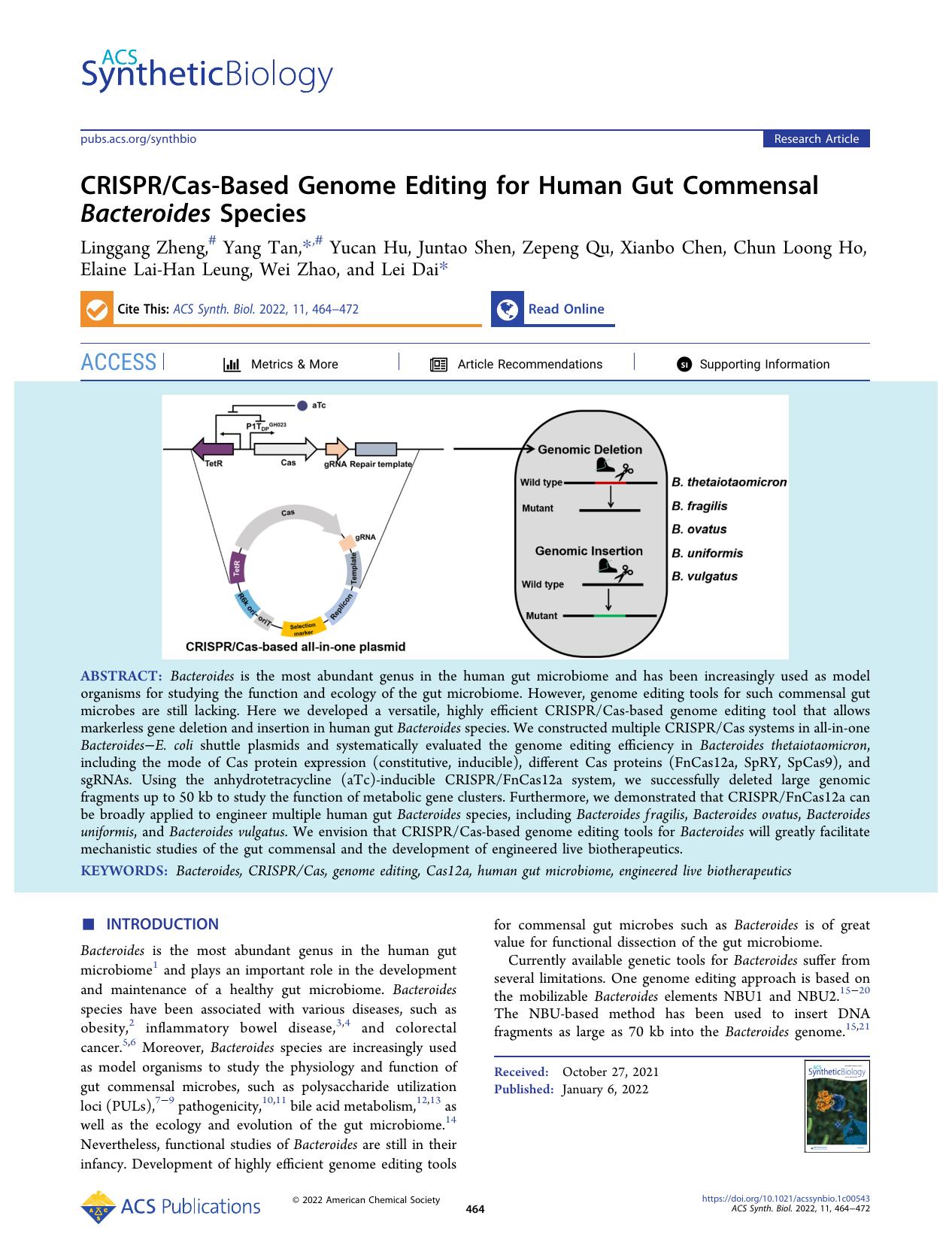 CRISPRCas-Based Genome Editing for Human Gut Commensal Bacteroides Species by unknow