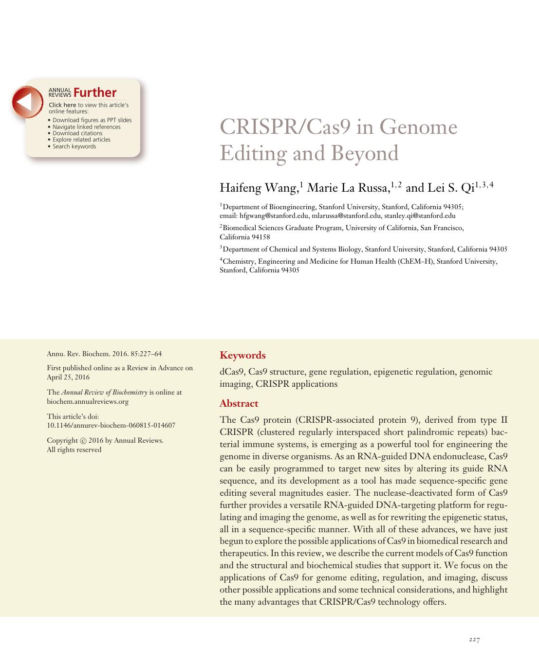 CRISPRCas9 in Genome Editing and Beyond by Haifeng Wang Marie La Russa Lei S. Qi
