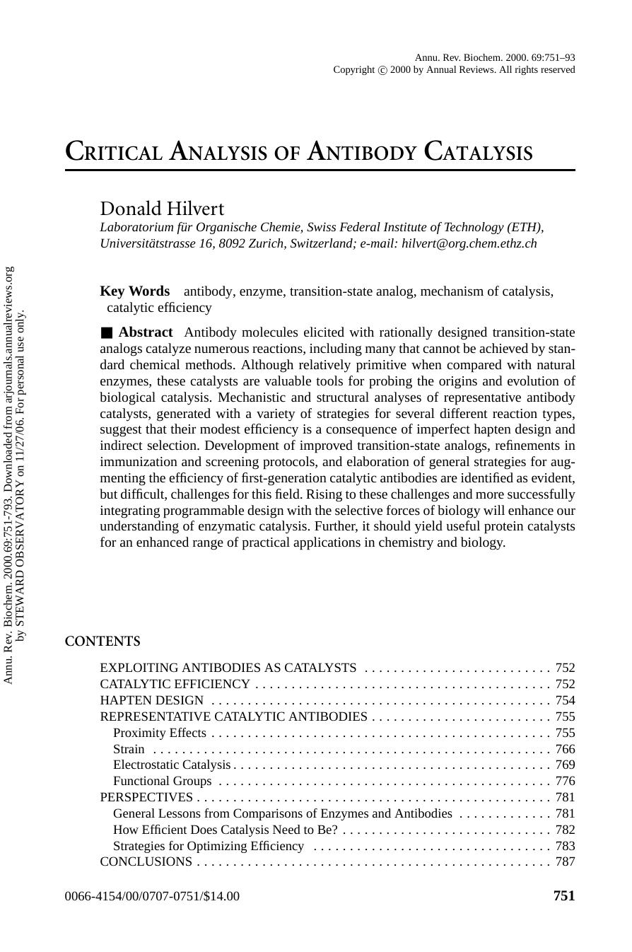 CRITICAL ANALYSIS OF ANTIBODY CATALYSIS by Donald Hilvert