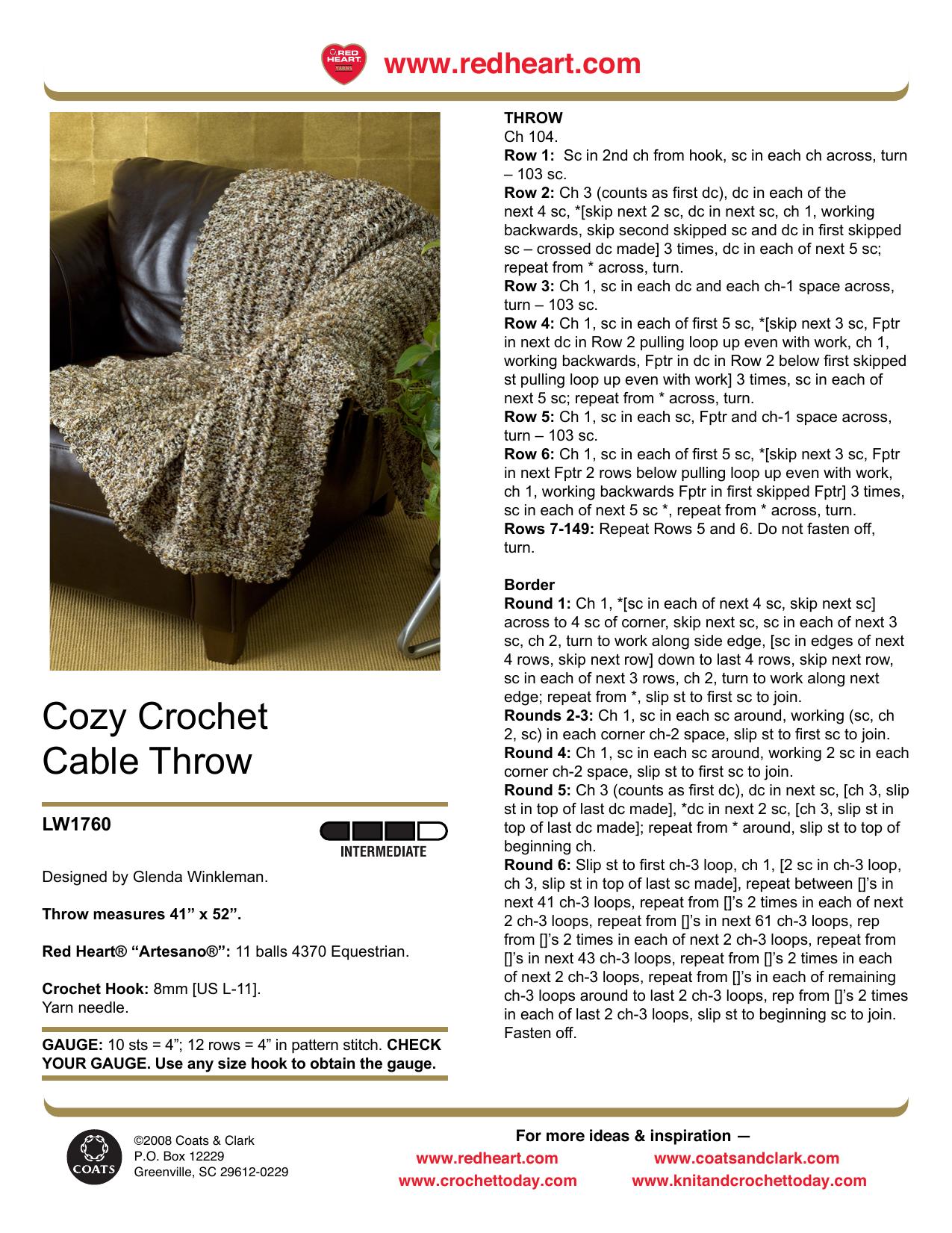 CROCHET by Cozy Crochet Cable Throw