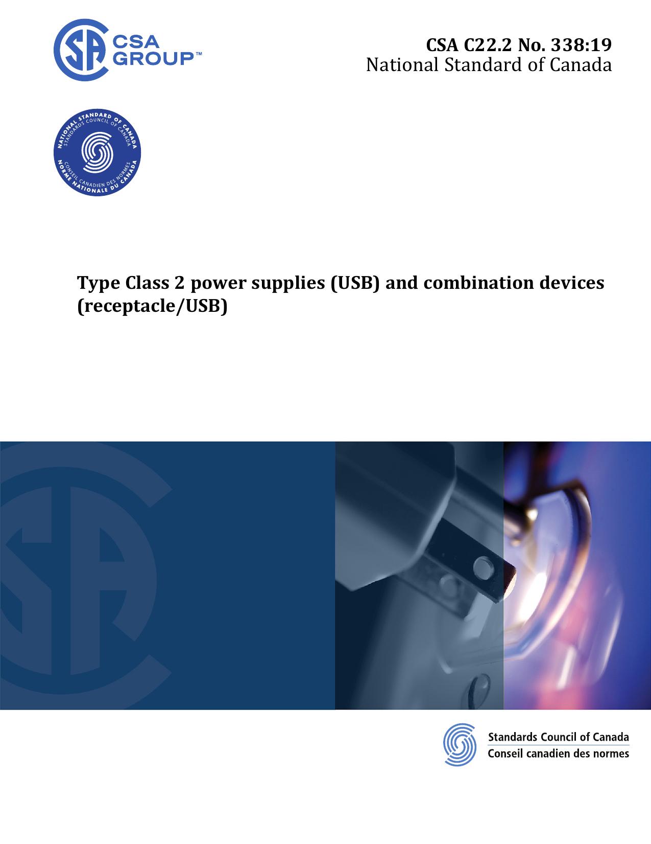 CSA C22.2 No. 338:19, Type Class 2 power supplies (USB) and combination devices (receptacleUSB) by CSA Group