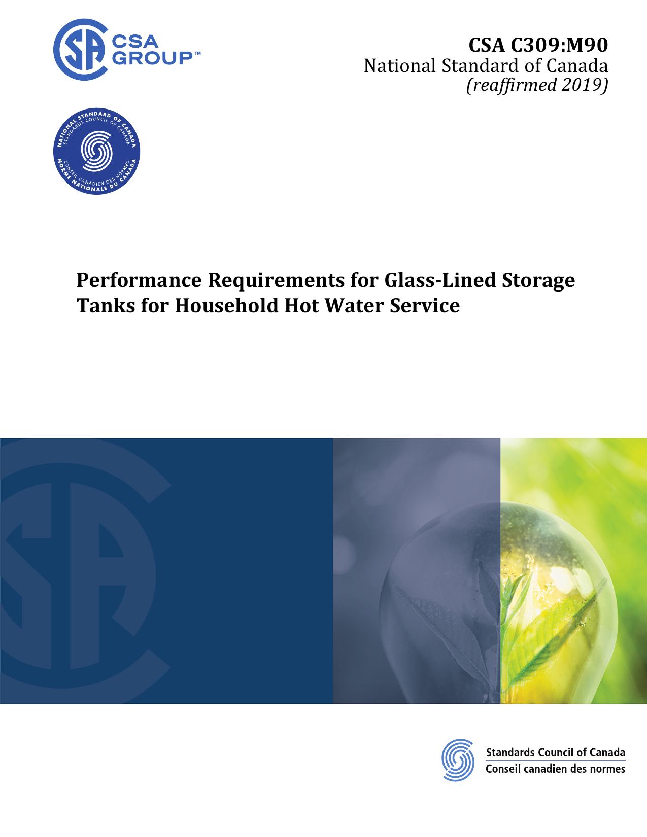CSA C309:M90, Performance Requirements for Glass-Lined Storage Tanks for Household Hot Water Service by CSA Group