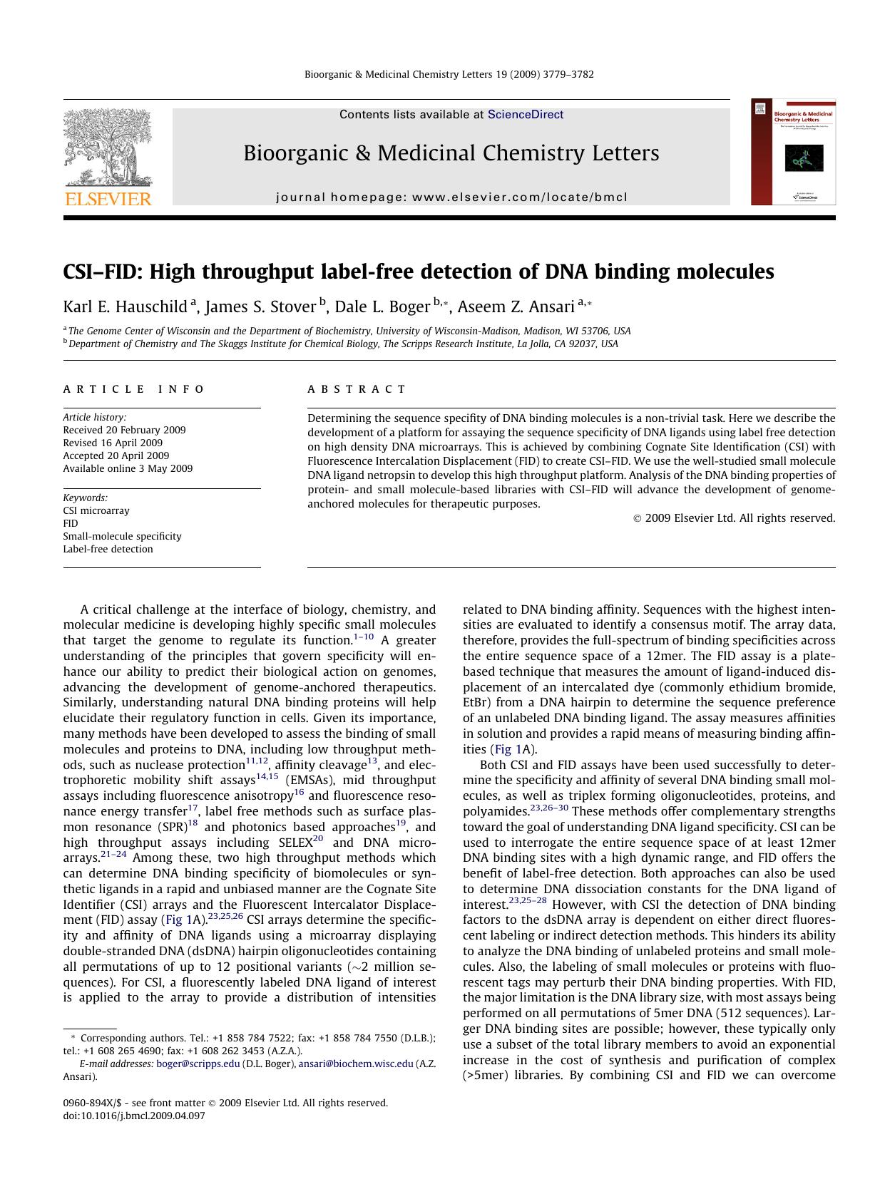 CSIâFID: High throughput label-free detection of DNA binding molecules by Karl E. Hauschild; James S. Stover; Dale L. Boger; Aseem Z. Ansari