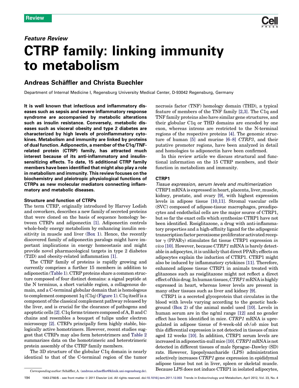 CTRP family: linking immunity to metabolism by Andreas Schäffler