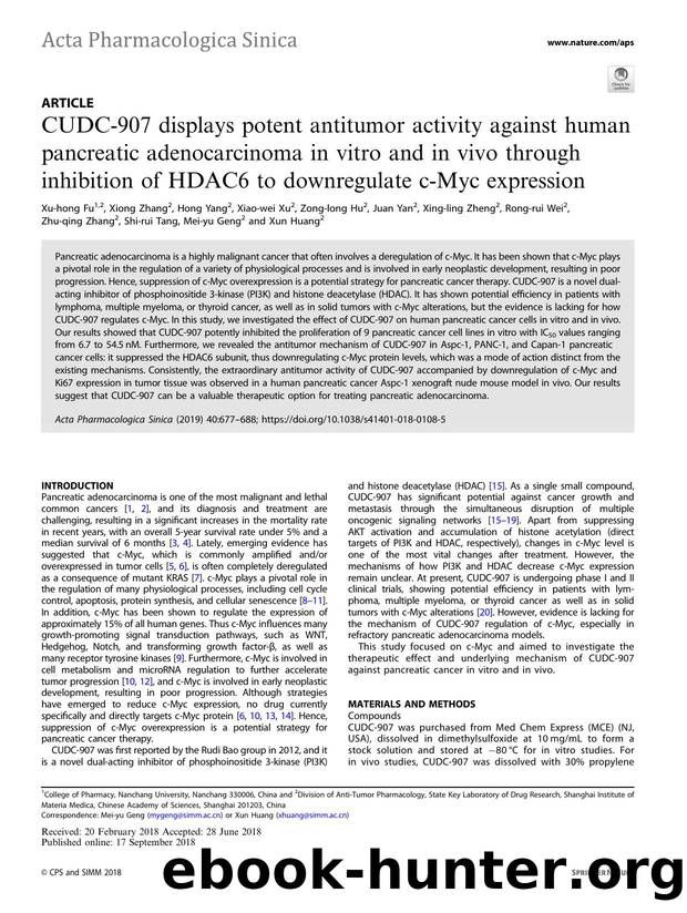 CUDC-907 displays potent antitumor activity against human pancreatic adenocarcinoma in vitro and in vivo through inhibition of HDAC6 to downregulate c-Myc expression by unknow
