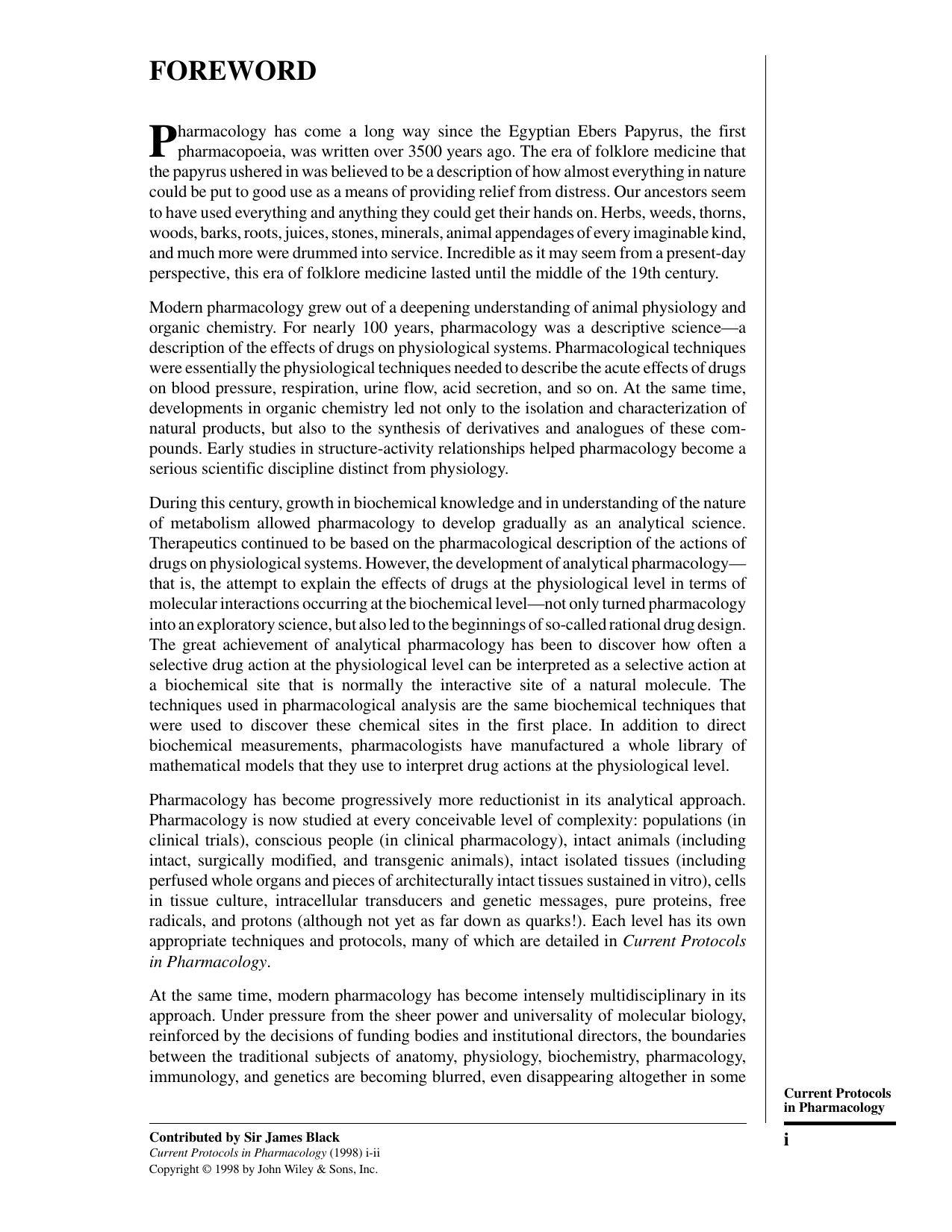 CURRENT PROTOCOLS IN PHARMACOLOGY by Unknown