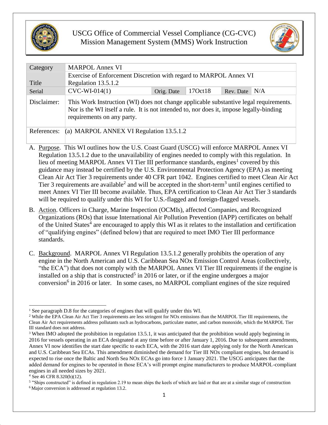 CVC-WI-014(1) - Exercise of Enforcement Discretion with Regard to MARPOL Annex VI Regulation 13.5.1.2 by Redistributed by Regs4ships Ltd