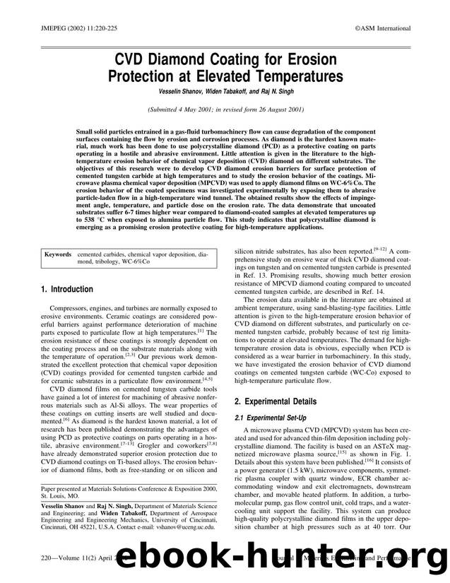 CVD diamond coating for erosion protection at elevated temperatures by Unknown