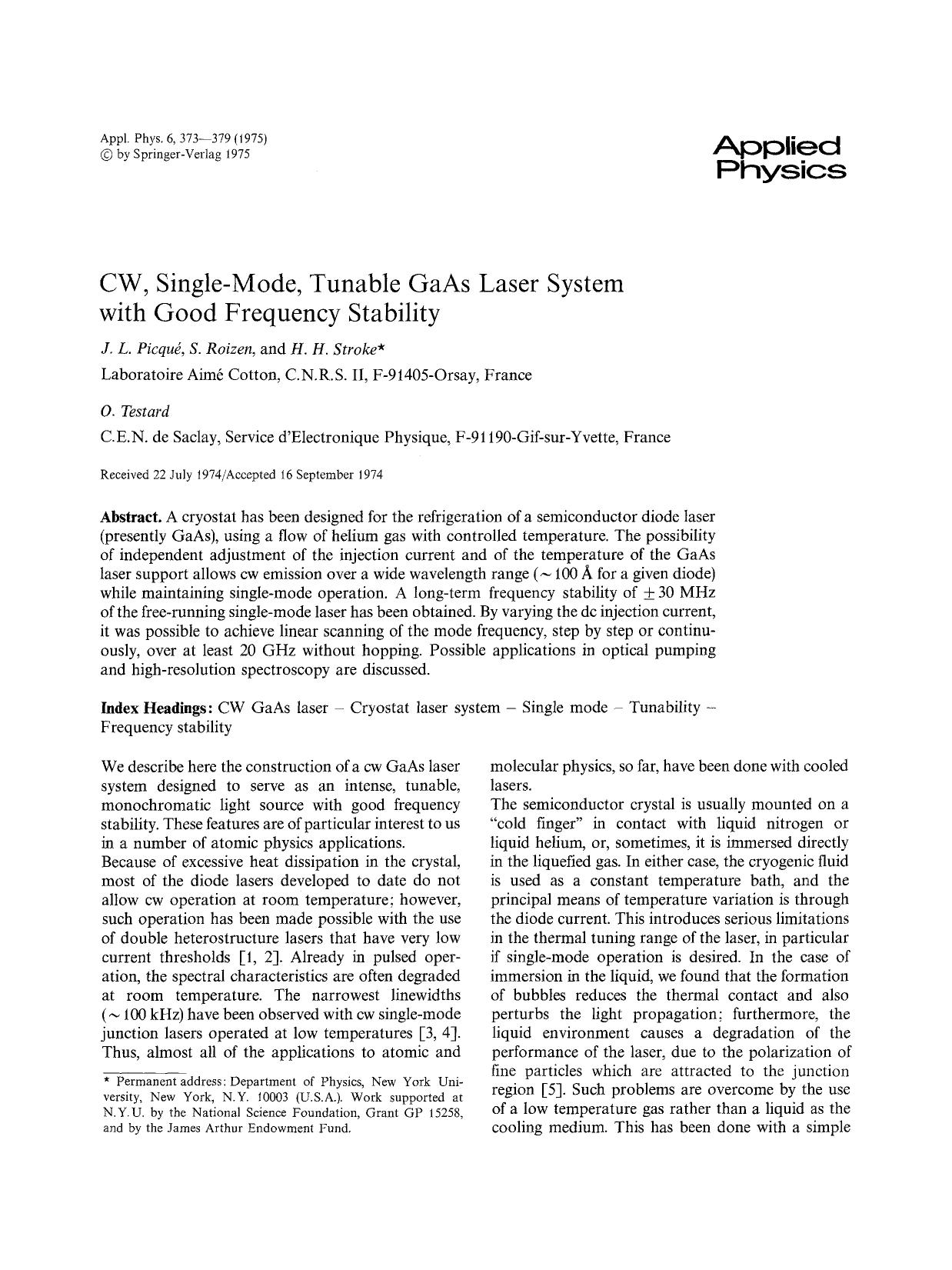 CW, single-mode, tunable GaAs laser system with good frequency stability by Unknown