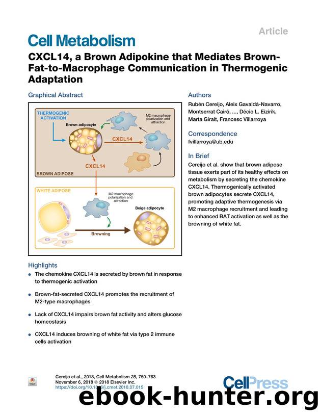 CXCL14, a Brown Adipokine that Mediates Brown-Fat-to-Macrophage Communication in Thermogenic Adaptation by unknow