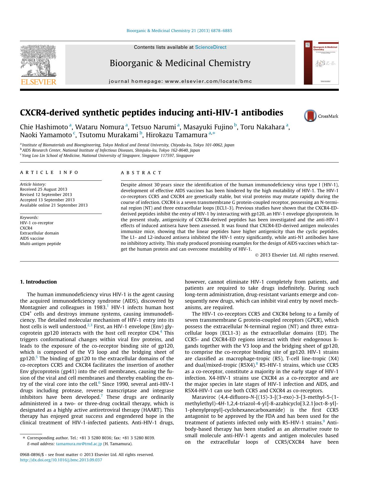 CXCR4-derived synthetic peptides inducing anti-HIV-1 antibodies by unknow