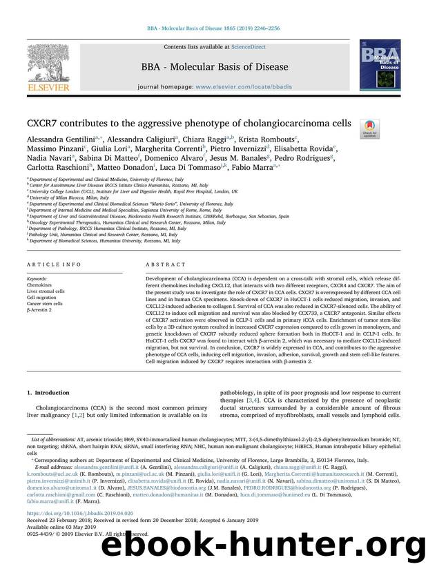 CXCR7 contributes to the aggressive phenotype of cholangiocarcinoma cells by unknow