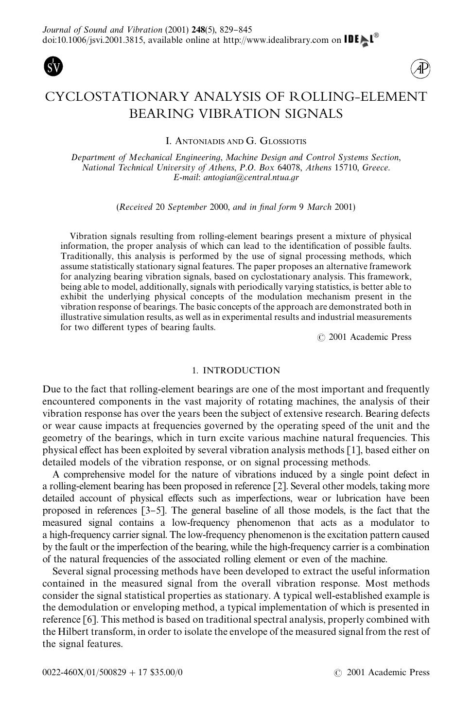 CYCLOSTATIONARY ANALYSIS OF ROLLING-ELEMENT BEARING VIBRATION SIGNALS by ANTONIADIS I. & GLOSSIOTIS G