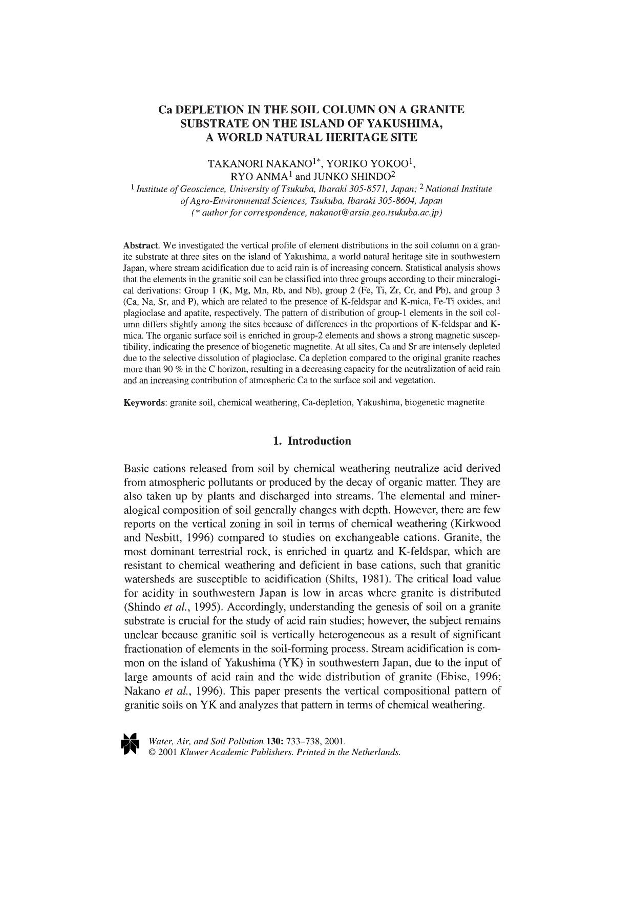 Ca Depletion in the Soil Column on a Granite Substrate on the Island of Yakushima, a World Natural Heritage Site by Unknown