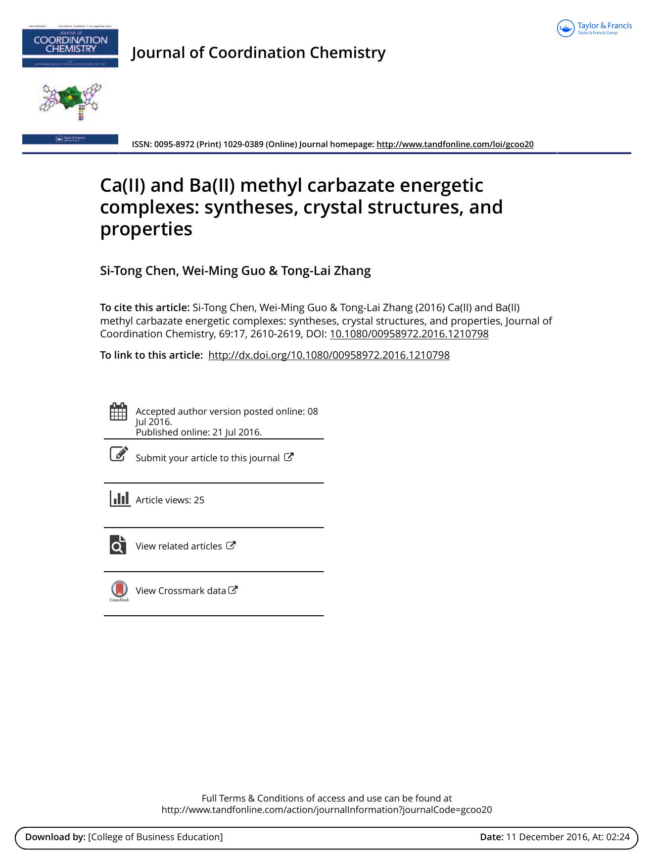 Ca(II) and Ba(II) methyl carbazate energetic complexes: syntheses, crystal structures, and properties by Si-Tong Chen & Wei-Ming Guo & Tong-Lai Zhang