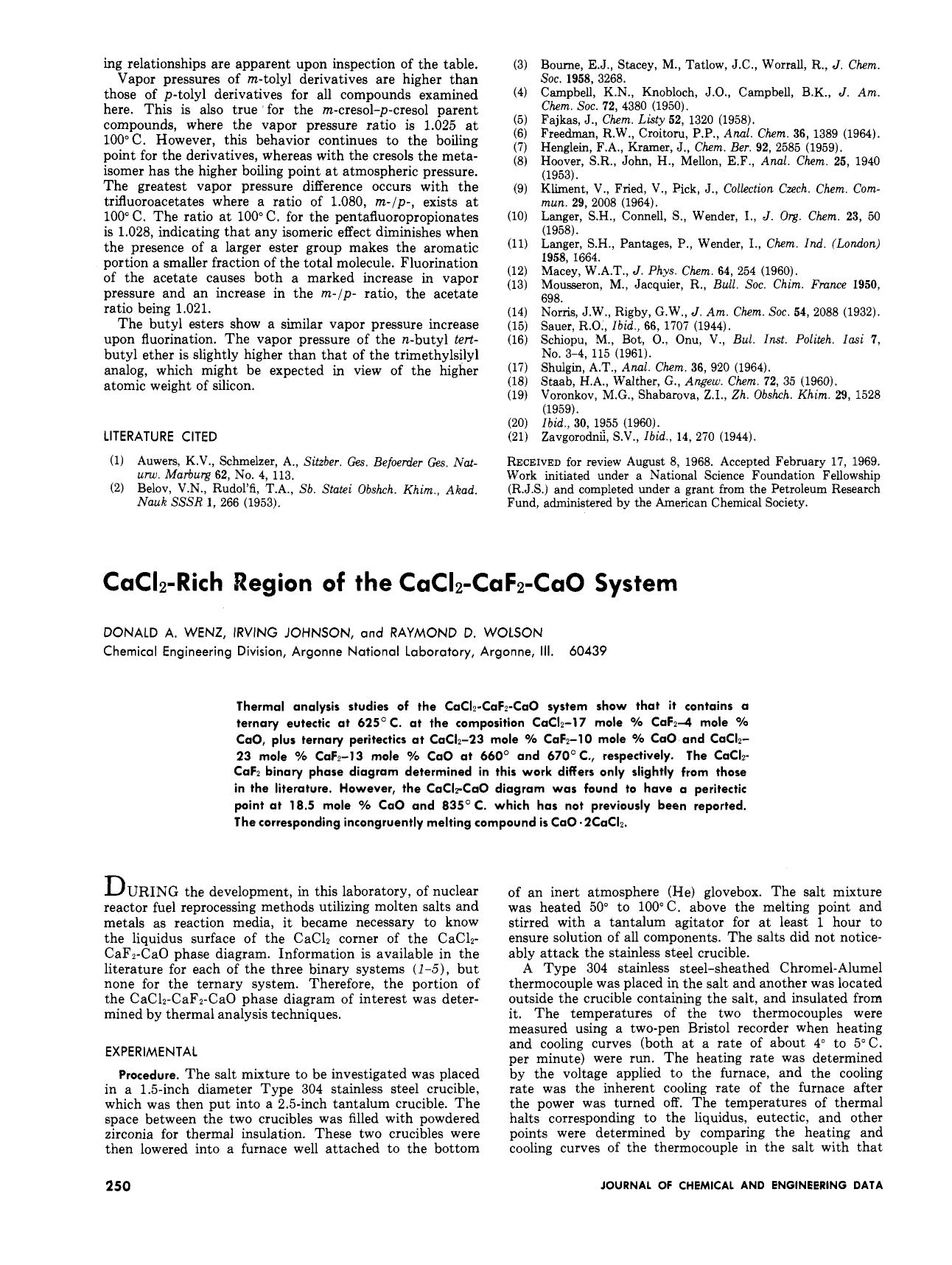 CaCl2-rich region of the CaCl2-CaF2-CaO system by Donald A. Wenz Irving Johnson Raymond D. Wolson