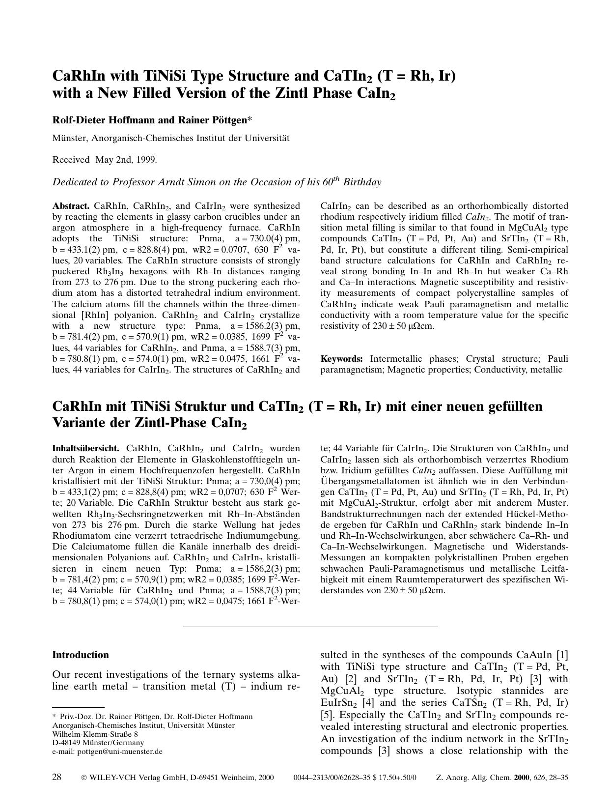 CaRhIn with TiNiSi Type Structure and CaTIn2 (T[hairsp]=[hairsp]Rh, Ir) with a New Filled Version of the Zintl Phase CaIn2 by Unknown