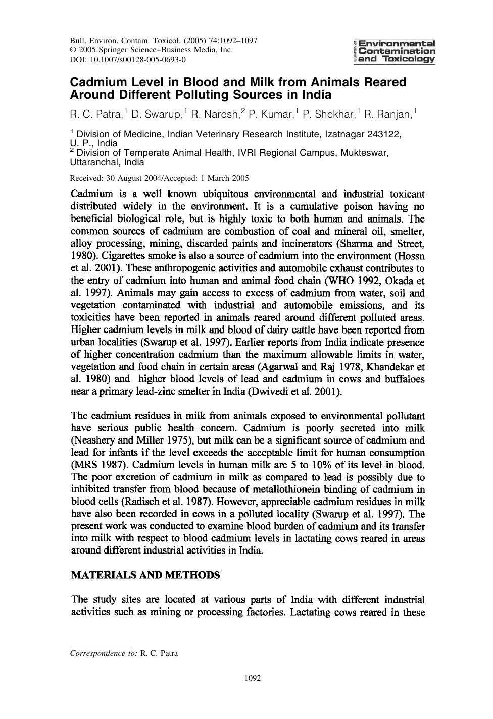 Cadmium Level in Blood and Milk from Animals Reared Around Different Polluting Sources in India by Patra R.C.; et al