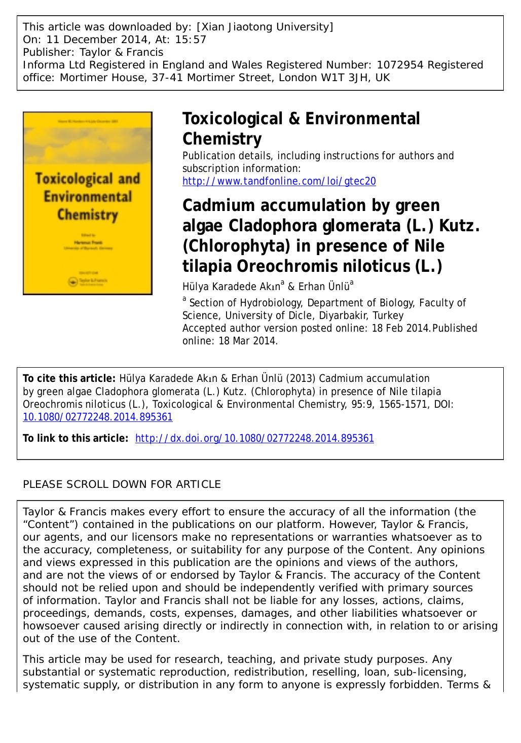 Cadmium accumulation by green algae Cladophora glomerata \(L.\) Kutz. \(Chlorophyta\) in presence of Nile tilapia Oreochromis niloticus \(L.\) by Hülya Karadede Akın