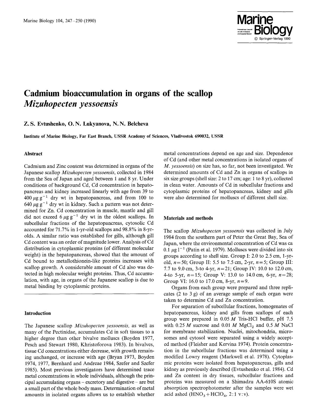 Cadmium bioaccumulation in organs of the scallop <Emphasis Type="Italic">Mizuhopecten yessoensis <Emphasis> by Unknown