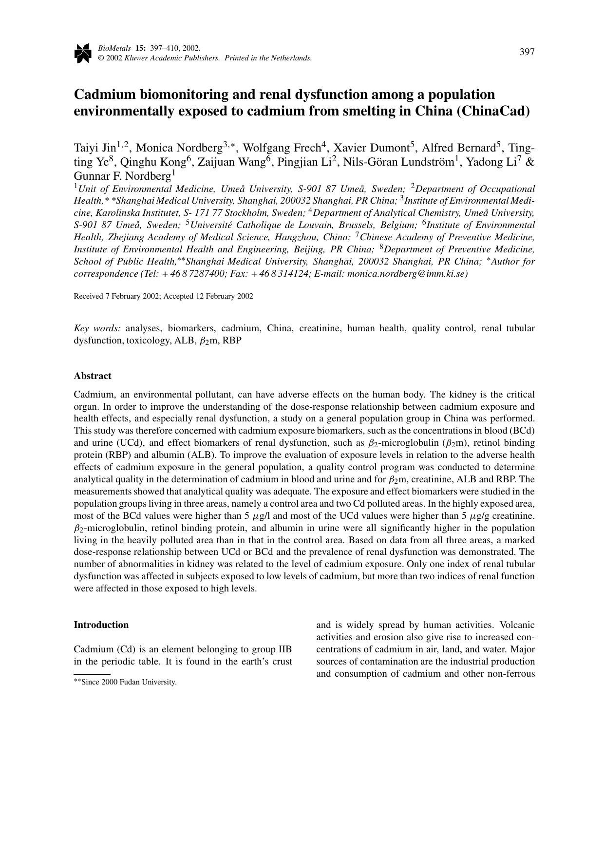 Cadmium biomonitoring and renal dysfunction among a population environmentally exposed to cadmium from smelting in China (ChinaCad) by Unknown