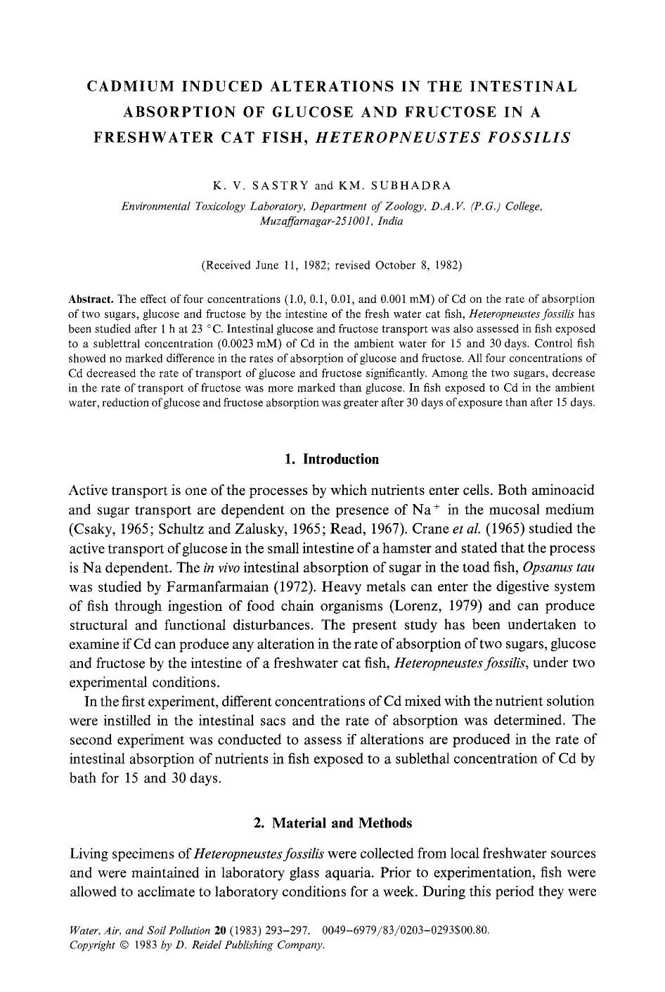 Cadmium induced alterations in the intestinal absorption of glucose and fructose in a freshwater cat fish, <Emphasis Type="Italic">Heteropneustes fossilis<Emphasis> by Unknown